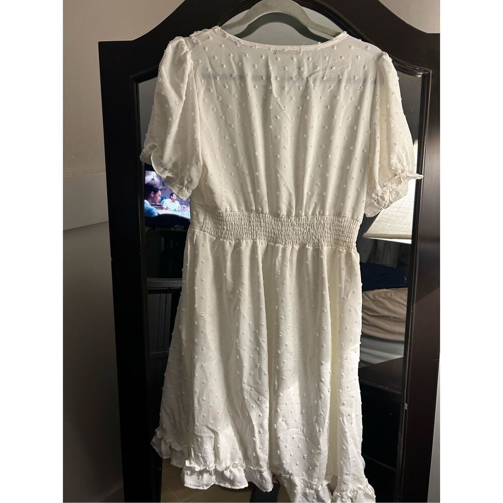 NEW White V Neck Short Sleeve Swiss Dot Mini Dress Pockets M - Picture 7 of 7